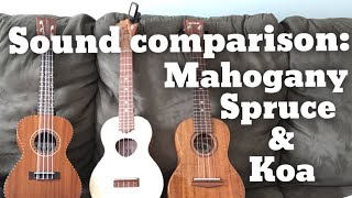 Comparing ukulele tonewoods Mahogany Spruce and Koa sound comparison [upl. by Gentes]