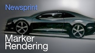 CAR DESIGN TUTORIALS HOW TO RENDER A CAR ON NEWSPRINT PAPER [upl. by Shiekh]