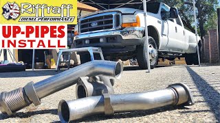 2001 F350 73  RiffRaff UpPipes Install  Stock up pipes leaking and falling apart JUNK SP [upl. by Akimert]